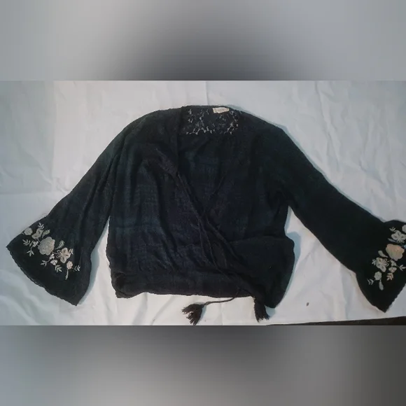 Altered States Women's Blue Plaid Lace Top With Embroideres Bell Sleeves. Medium - Picture 4 of 9